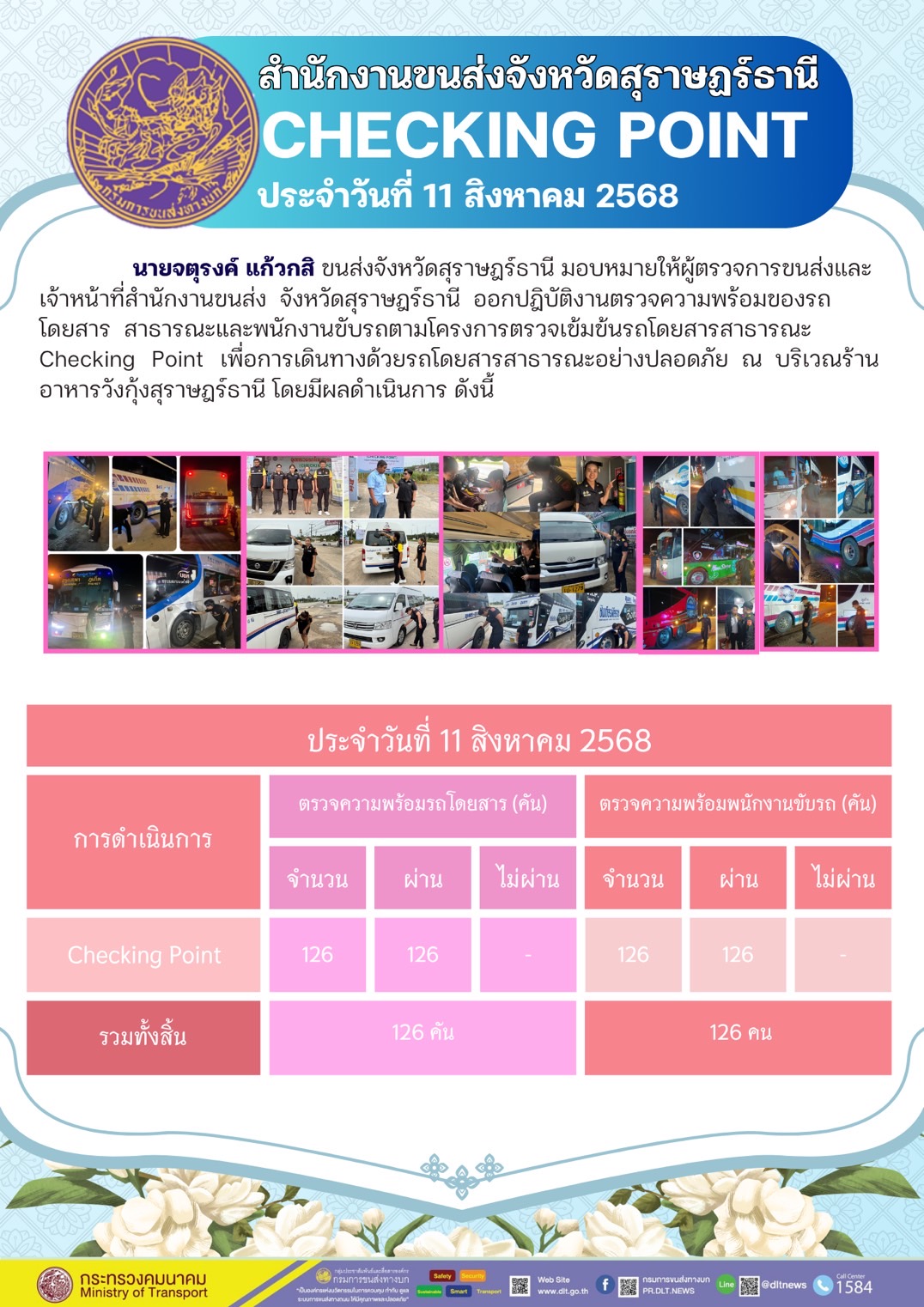 สำนักงานขนส่งจังหวัดสุราษฎร์ธานี CHECKING POINT ประจำวันที่ 11 สิงหาคม 2568