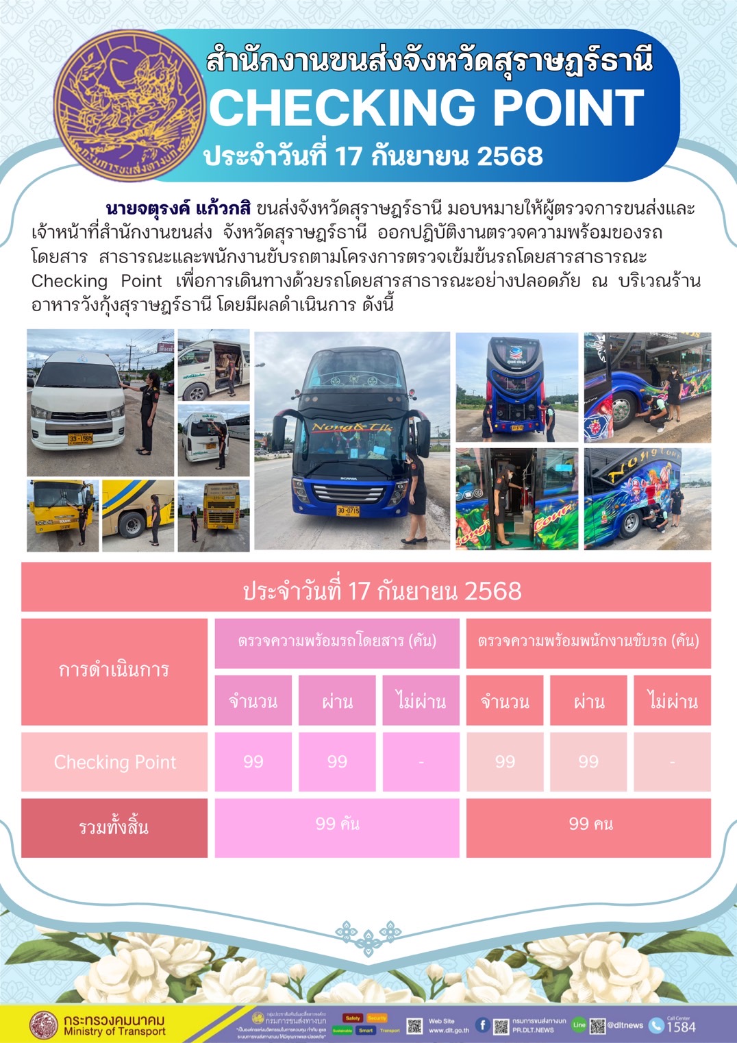 สำนักงานขนส่งจังหวัดสุราษฎร์ธานี CHECKING POINT ประจำวันที่ 17 กันยายน 2568