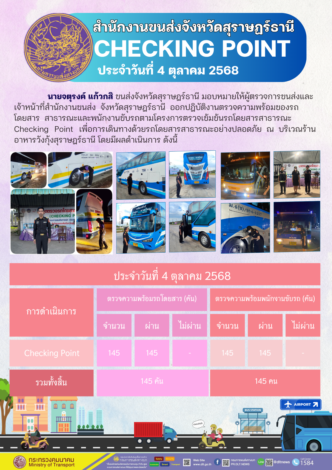 สำนักงานขนส่งจังหวัดสุราษฎร์ธานี CHECKING POINT ประจำวันที่ 4 ตุลาคม 2568