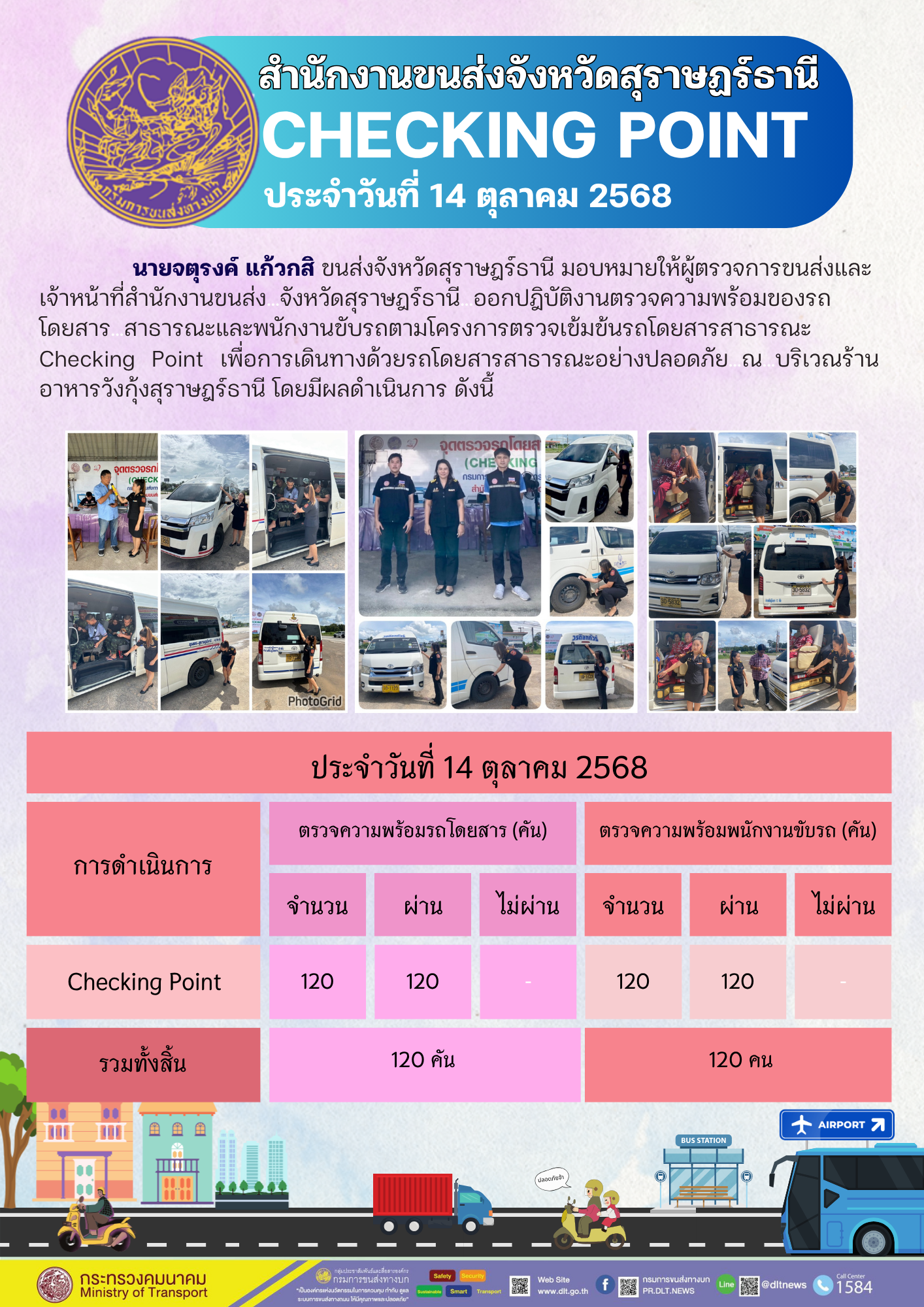 สำนักงานขนส่งจังหวัดสุราษฎร์ธานี CHECKING POINT ประจำวันที่ 14 ตุลาคม 2568