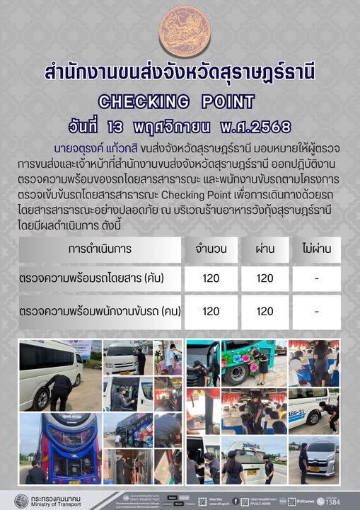 สำนักงานขนส่งจังหวัดสุราษฎร์ธานี 
ตรวจความพร้อมของรถโดยสารสาธารณะ ตามโครงการตรวจเข้มข้นรถโดยสารสาธารณะ CHECKING POINT ประจำวันที่ 13 พฤศจิกายน 2568 ณ บริเวณร้านอาหารวังกุ้งสุราษฎร์ธานี