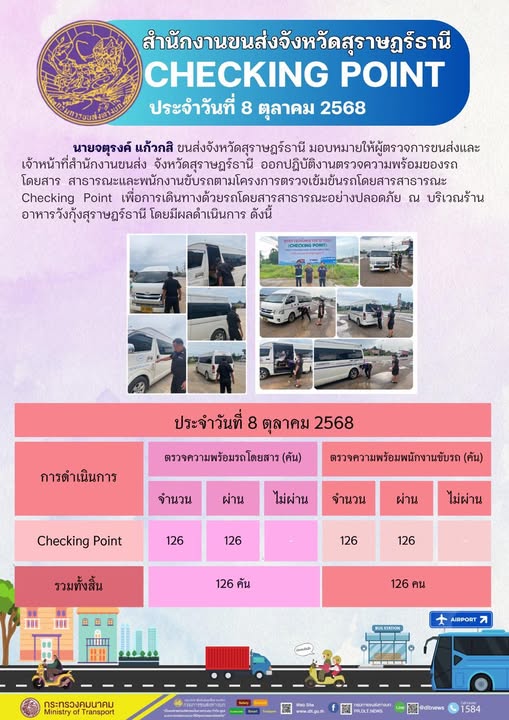 สำนักงานขนส่งจังหวัดสุราษฎร์ธานี ตรวจความพร้อมของรถโดยสารสาธารณะ ตามโครงการตรวจเข้มข้นรถโดยสารสาธารณะ CHECKING POINT ประจำวันที่ 8 ตุลาคม 2568 ณ บริเวณร้านอาหารวังกุ้งสุราษฎร์ธานี