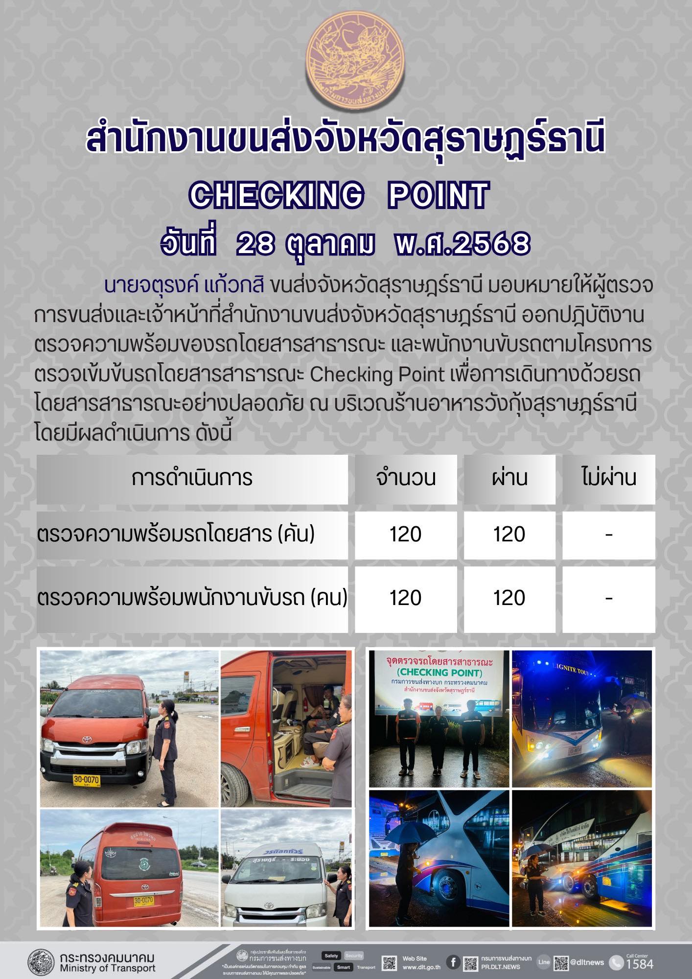 สำนักงานขนส่งจังหวัดสุราษฎร์ธานี 
ตรวจความพร้อมของรถโดยสารสาธารณะ ตามโครงการตรวจเข้มข้นรถโดยสารสาธารณะ CHECKING POINT ประจำวันที่ 28 ตุลาคม 2568 ณ บริเวณร้านอาหารวังกุ้งสุราษฎร์ธานี