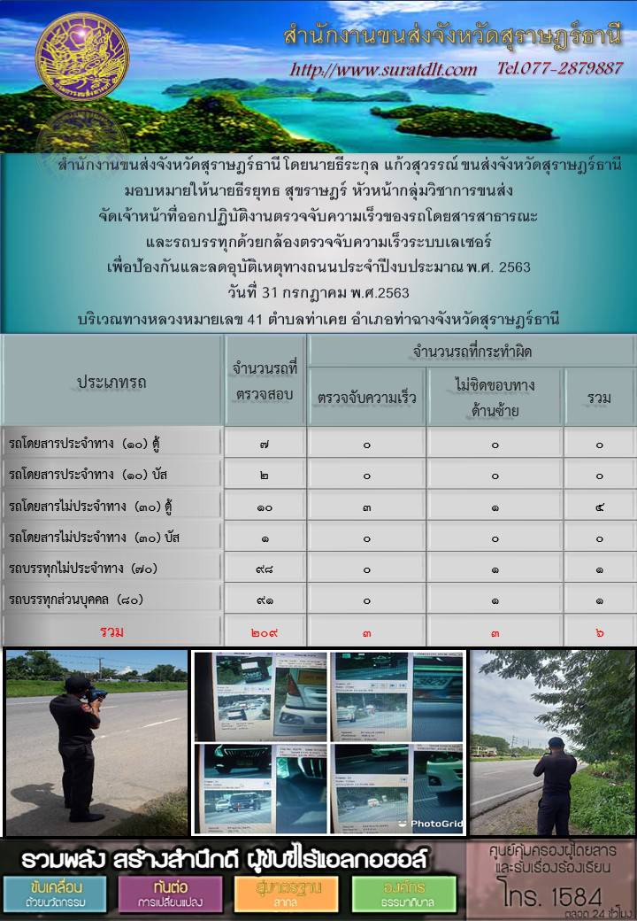 สำนักงานขนส่งจังหวัดสุราษฎร์ธานีออกปฏิบัติงานตรวจจับความเร็วของรถโดยสารสาธารณะและรถบรรทุกด้วยกล้องตรวจจับความเร็วระบบเลเซอร์ วันที่ 1 สิงหาคม 2563 