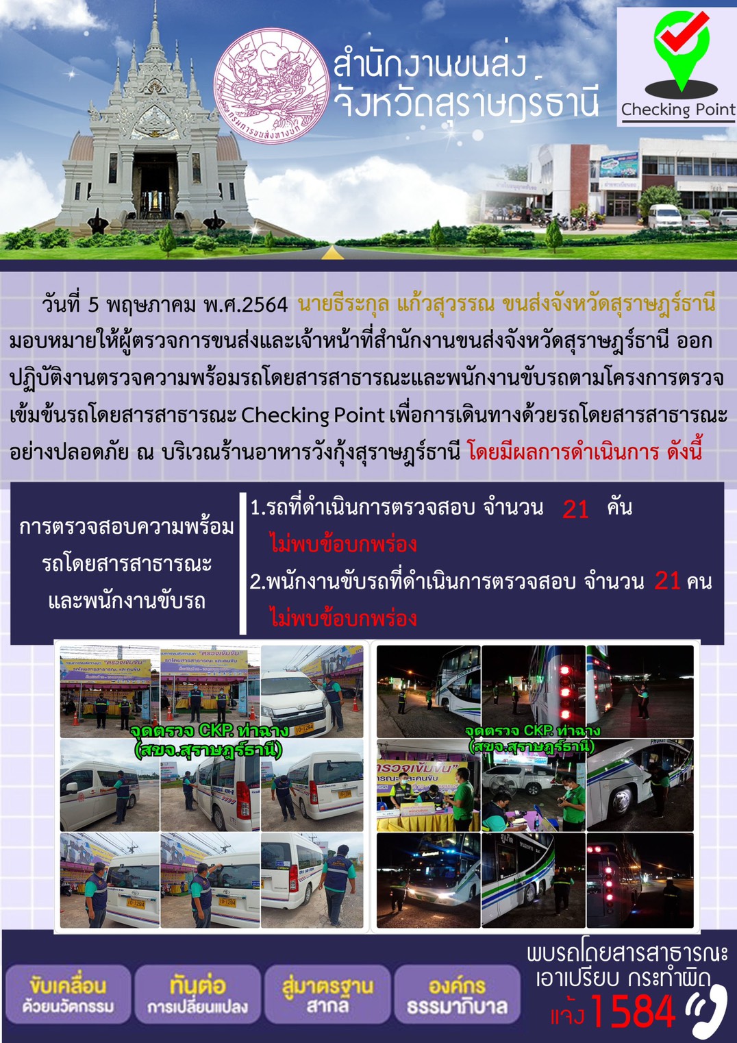 CHECKING POINT ระยะที่ 2 ผลการตรวจสอบรถและพนักงานขับรถ ณ จุดตรวจ (Checking Point) 