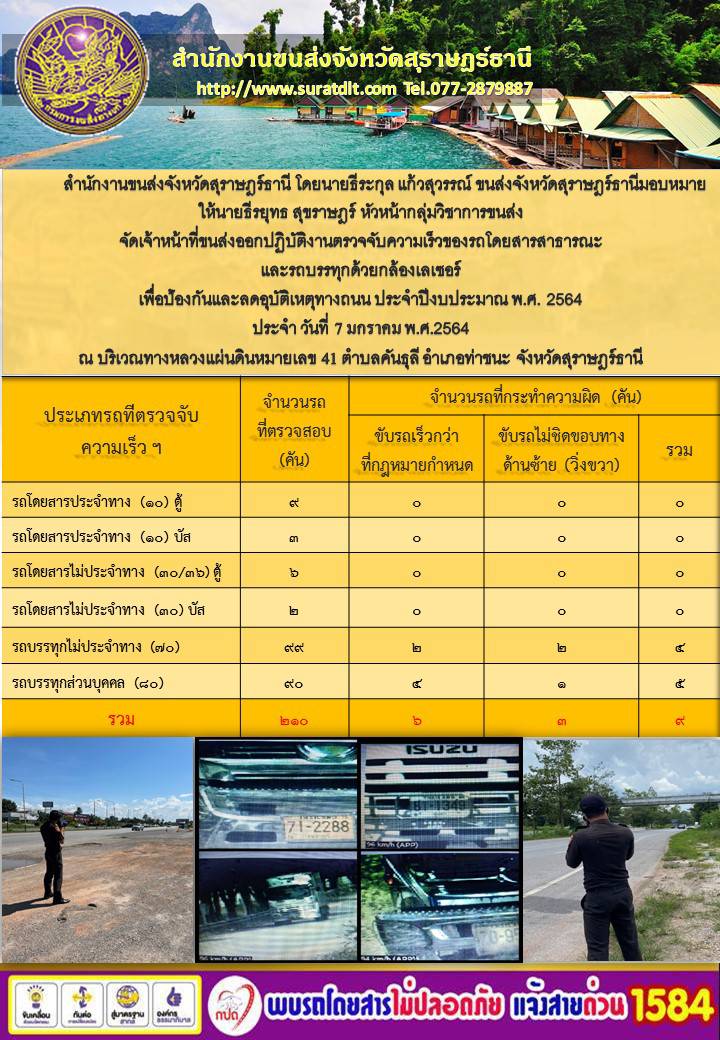 สำนักงานขนส่งจังหวัดสุราษฎร์ธานีออกปฏิบัติงานตรวจจับความเร็วของรถโดยสารสาธารณะและรถบรรทุกด้วยกล้องตรวจจับความเร็วระบบเลเซอร์ วันที่ 7 มกราคม 2564