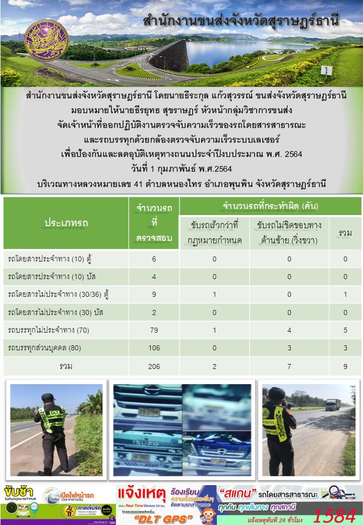 สำนักงานขนส่งจังหวัดสุราษฎร์ธานีออกปฏิบัติงานตรวจจับความเร็วของรถโดยสารสาธารณะและรถบรรทุกด้วยกล้องตรวจจับความเร็วระบบเลเซอร์ วันที่ 1 กุมภาพันธ์ 2564