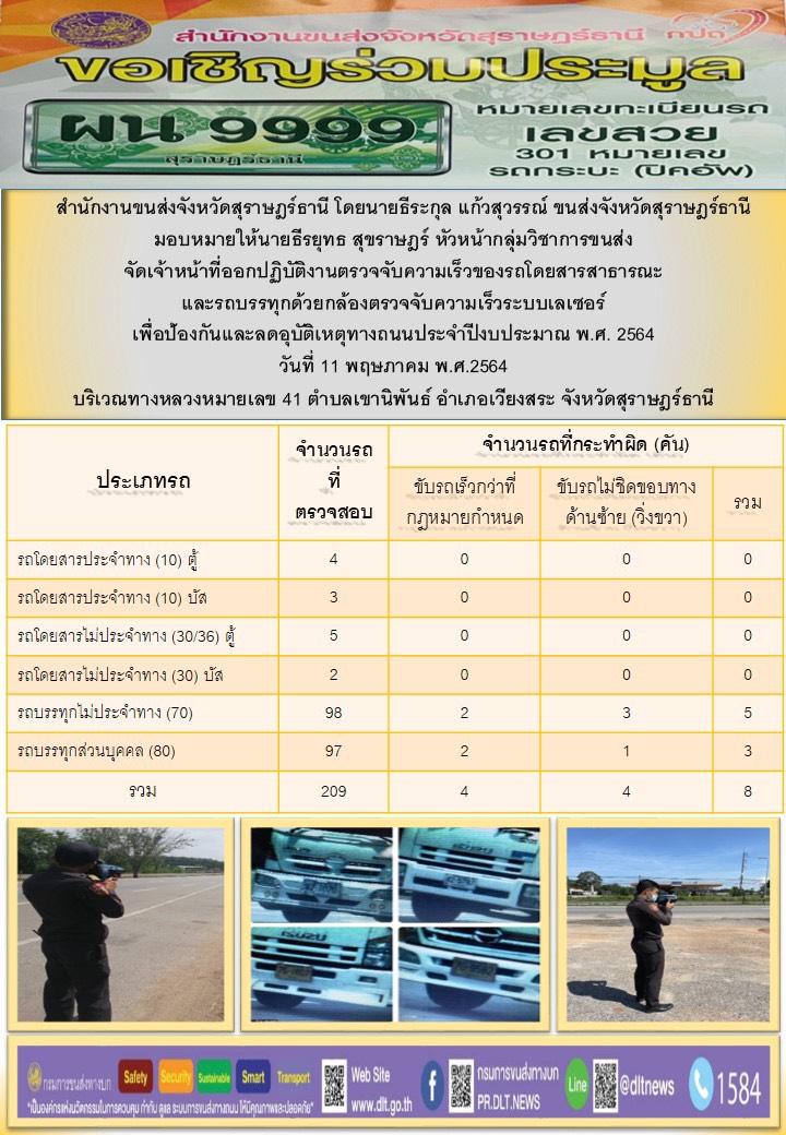 สำนักงานขนส่งจังหวัดสุราษฎร์ธานีออกปฏิบัติงานตรวจจับความเร็วของรถโดยสารสาธารณะและรถบรรทุกด้วยกล้องตรวสำนักงานขนส่งจังหวัดสุราษฎร์ธานีออกปฏิบัติงานตรวจจับความเร็วของรถโดยสารสาธารณะและรถบรรทุกด้วยกล้องตรวจจับความเร็วระบบเลเซอร์ วันที่ 11 พฤษภาคม 2564