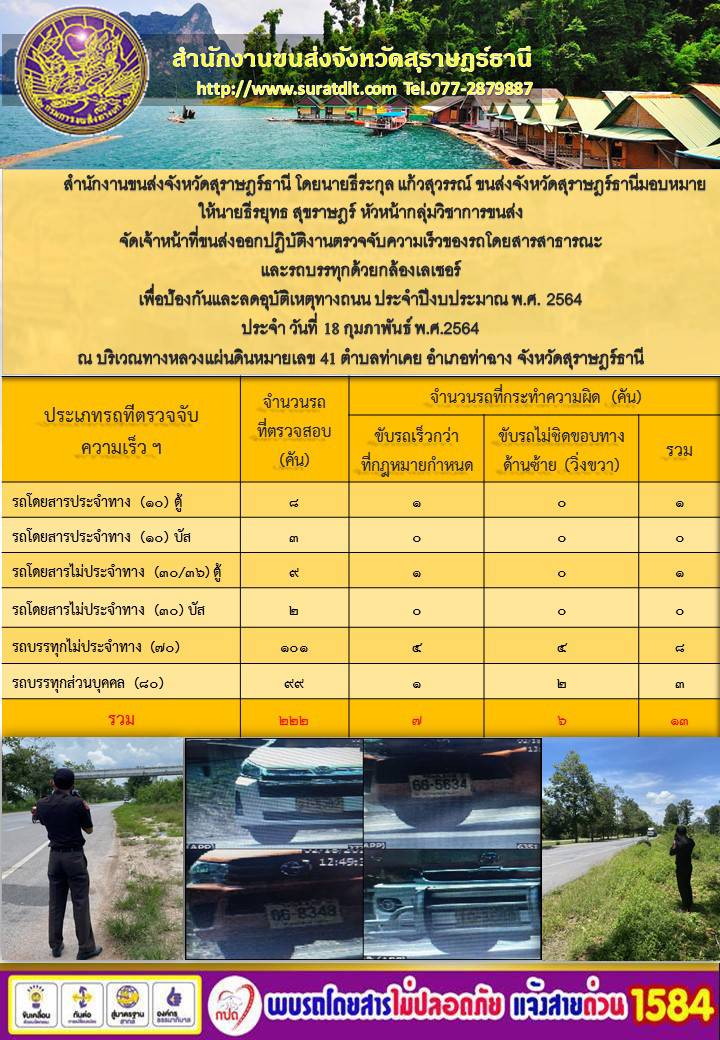 สำนักงานขนส่งจังหวัดสุราษฎร์ธานีออกปฏิบัติงานตรวจจับความเร็วของรถโดยสารสาธารณะและรถบรรทุกด้วยกล้องตรวจจับความเร็วระบบเลเซอร์ วันที่ 18 กุมภาพันธ์ 2564