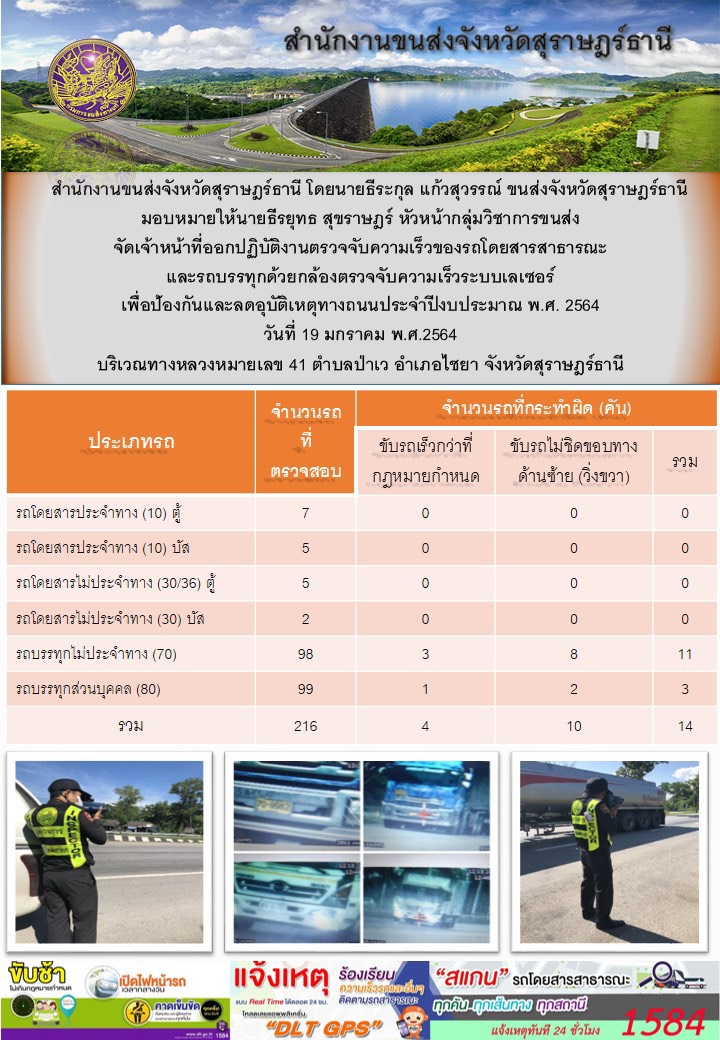 สำนักงานขนส่งจังหวัดสุราษฎร์ธานีออกปฏิบัติงานตรวจจับความเร็วของรถโดยสารสาธารณะและรถบรรทุกด้วยกล้องตรวจจับความเร็วระบบเลเซอร์ วันที่ 19 มกราคม 2564