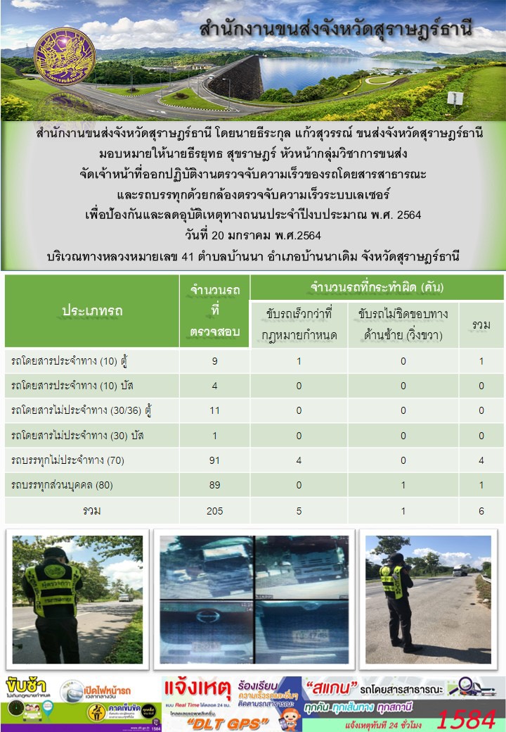 สำนักงานขนส่งจังหวัดสุราษฎร์ธานีออกปฏิบัติงานตรวจจับความเร็วของรถโดยสารสาธารณะและรถบรรทุกด้วยกล้องตรวจจับความเร็วระบบเลเซอร์ วันที่ 20 มกราคม 2564