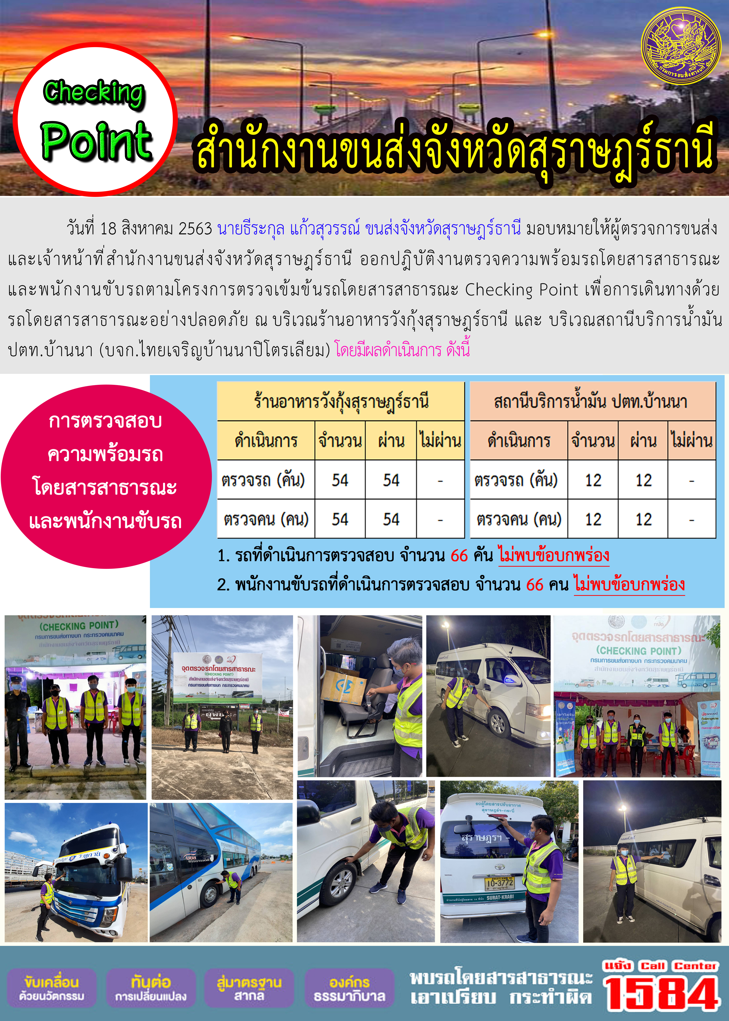 CHECKING POINT ระยะที่ 2 ผลการตรวจสอบรถและพนักงานขับรถ ณ จุดตรวจ (Checking Point) 