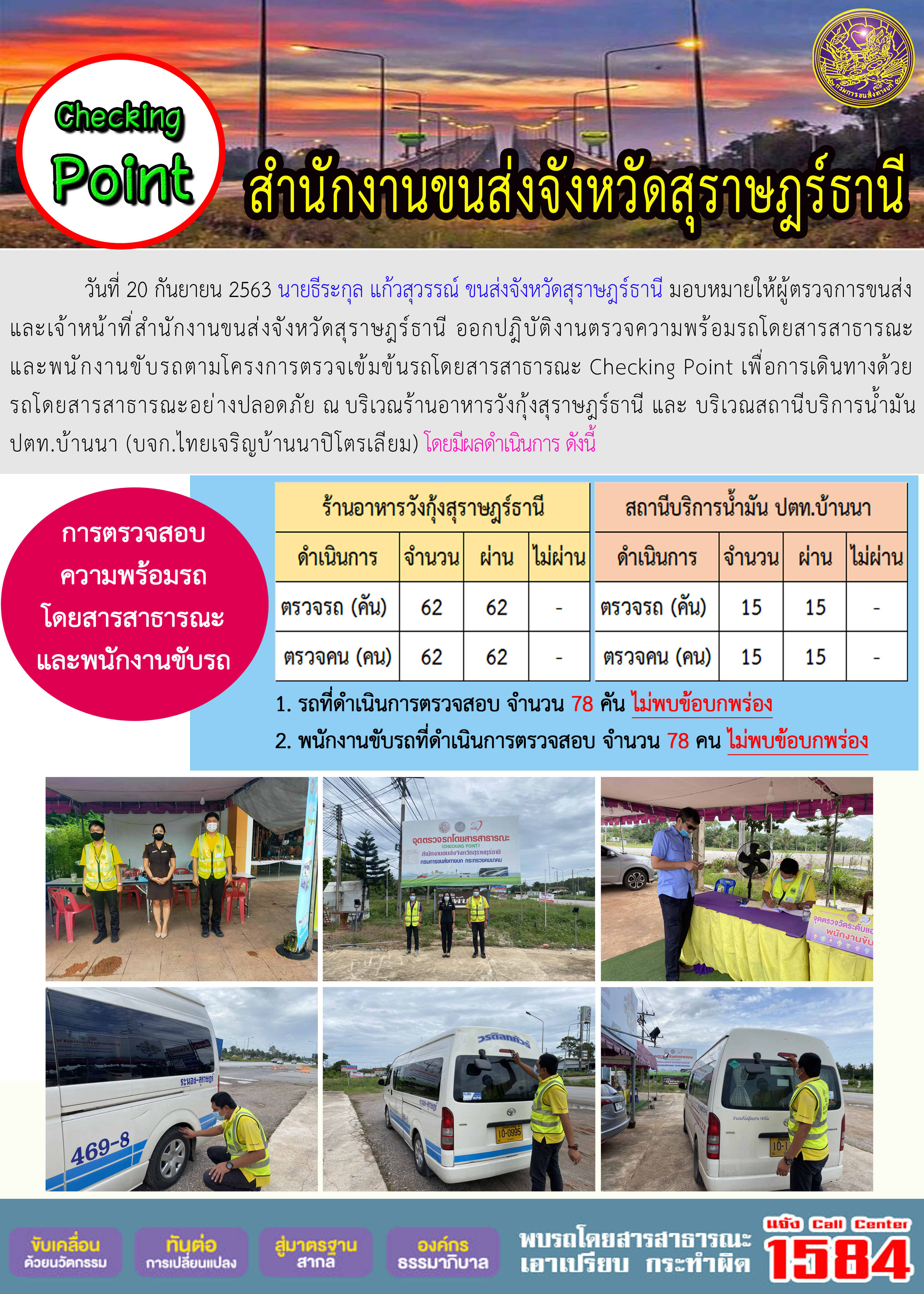 CHECKING POINT ระยะที่ 2 ผลการตรวจสอบรถและพนักงานขับรถ ณ จุดตรวจ (Checking Point) 