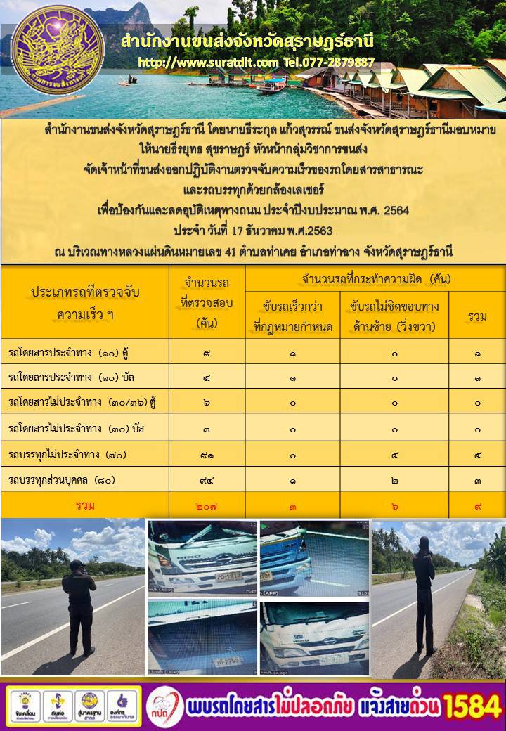 สำนักงานขนส่งจังหวัดสุราษฎร์ธานีออกปฏิบัติงานตรวจจับความเร็วของรถโดยสารสาธารณะและรถบรรทุกด้วยกล้องตรวจจับความเร็วระบบเลเซอร์ วันที่ 17 ธันวาคม 2563