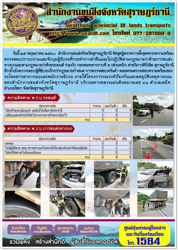 วันนี้ 25 พฤษภาคม 2560 สำนักงานขนส่งจังหวัดสุราษฏร์ธานี จัดชุดผู้ตรวจกความพร้อมตรวจสอบปราบปรามและจับกุมผู้ขับรถที่กระทำการฝ่าฝืนและไม่ปฏิบัติตามกฏหมายว่าด้วยการขนส่งทางบกและตามกฏหมายว่าด้วยรถยนต์ ร่วมกับ กองพลทหารราบที่ ๕ (ส่วนหน้า) ค่ายวิภาวดีรังสิต สุราษฏร์ธานี