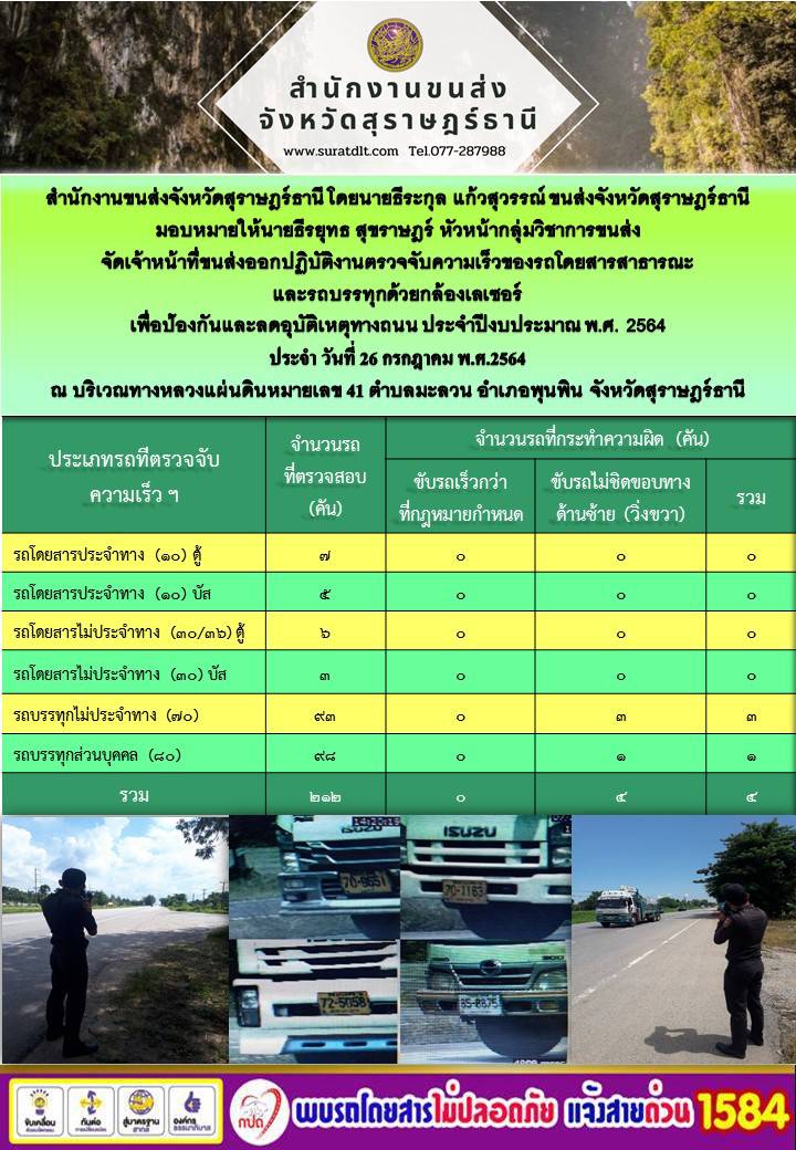 ตรวจจับความเร็วของรถโดยสารสาธารณะสุขและรถบบรทุกด้วยกล้องเลเซอร์ ประจำปีงบ 2564 วันที่ 26 กรกฏาคม 2564