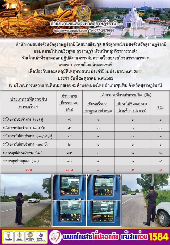 สำนักงานขนส่งจังหวัดสุราษฎร์ธานีออกปฏิบัติงานตรวจจับความเร็วของรถโดยสารสาธารณะและรถบรรทุกด้วยกล้องตรวจจับความเร็วระบบเลเซอร์ วันที่ 26 ตุลาคม 2563