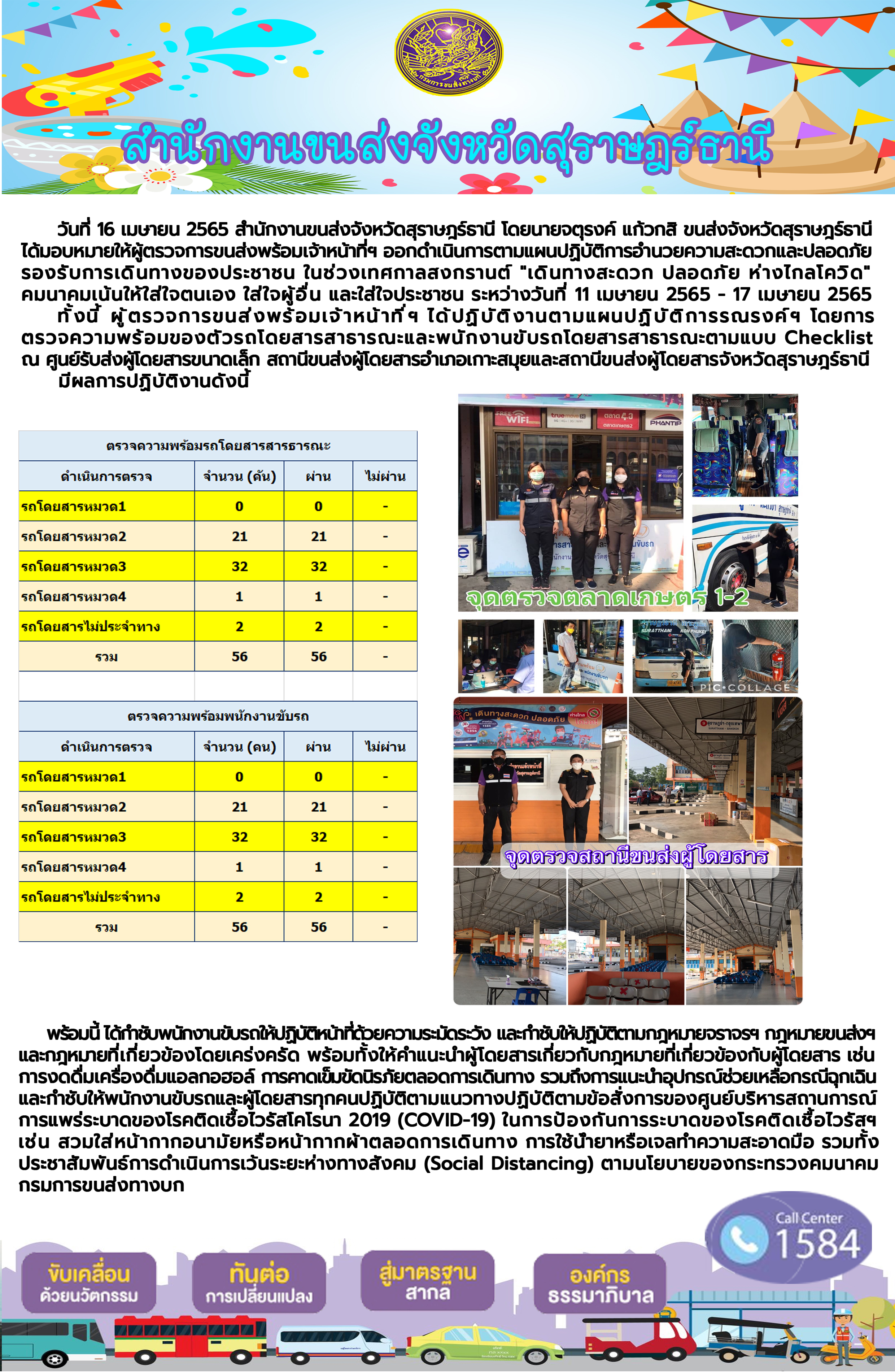 สำนักงานขนส่งจังหวัดสุราษฎร์ธานี โดยนายจตุรงค์ แก้วกสิ มอบหมายให้นายธีรยุทธ สุขราษฏร์ จัดเจ้าหน้าที่ออกกำเนินการตามแผนปฏิบัติการอำนวยความสะดวก