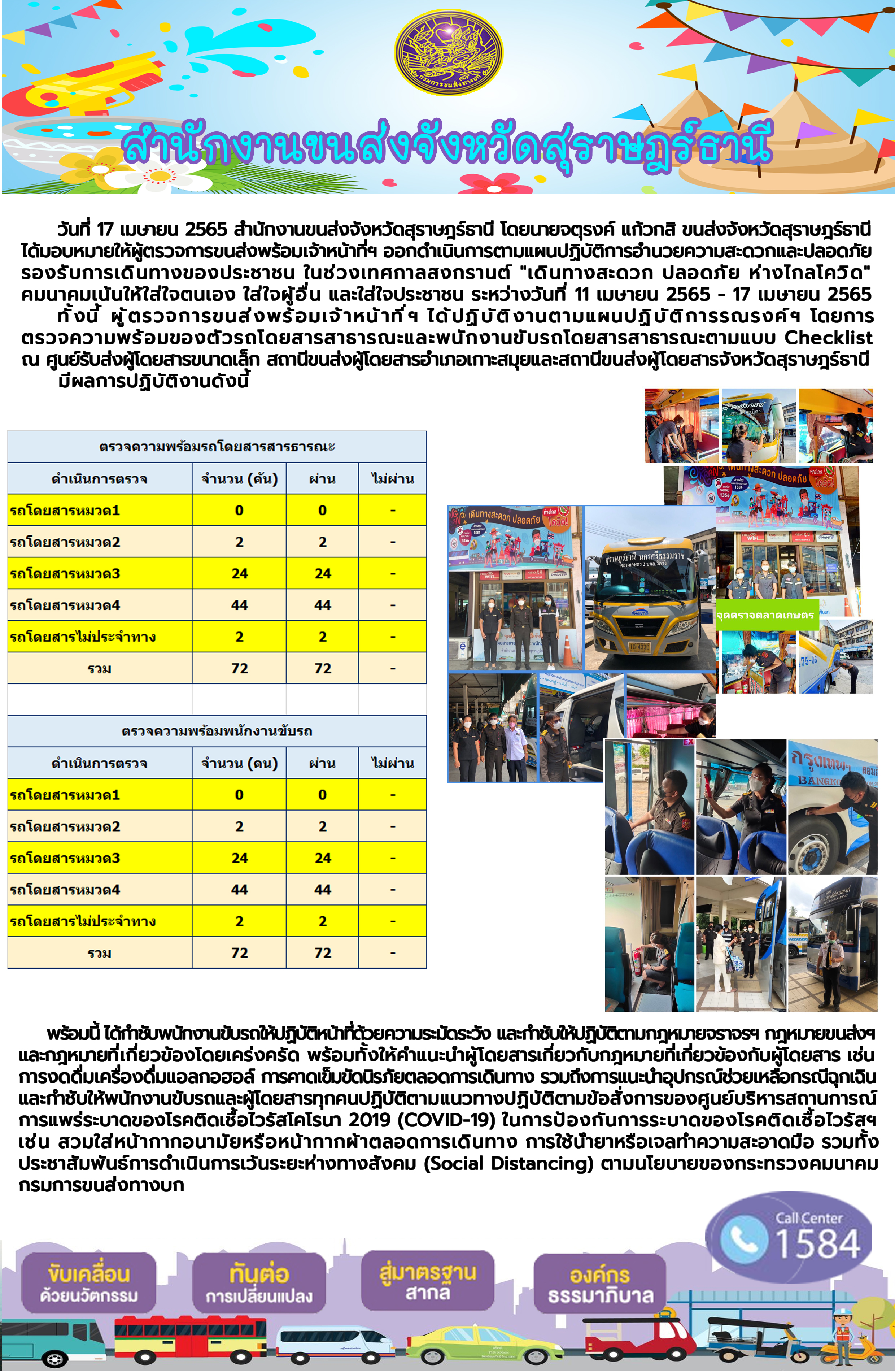 สำนักงานขนส่งจังหวัดสุราษฎร์ธานี โดยนายจตุรงค์ แก้วกสิ มอบหมายให้นายธีรยุทธ สุขราษฏร์ จัดเจ้าหน้าที่ออกกำเนินการตามแผนปฏิบัติการอำนวยความสะดวก