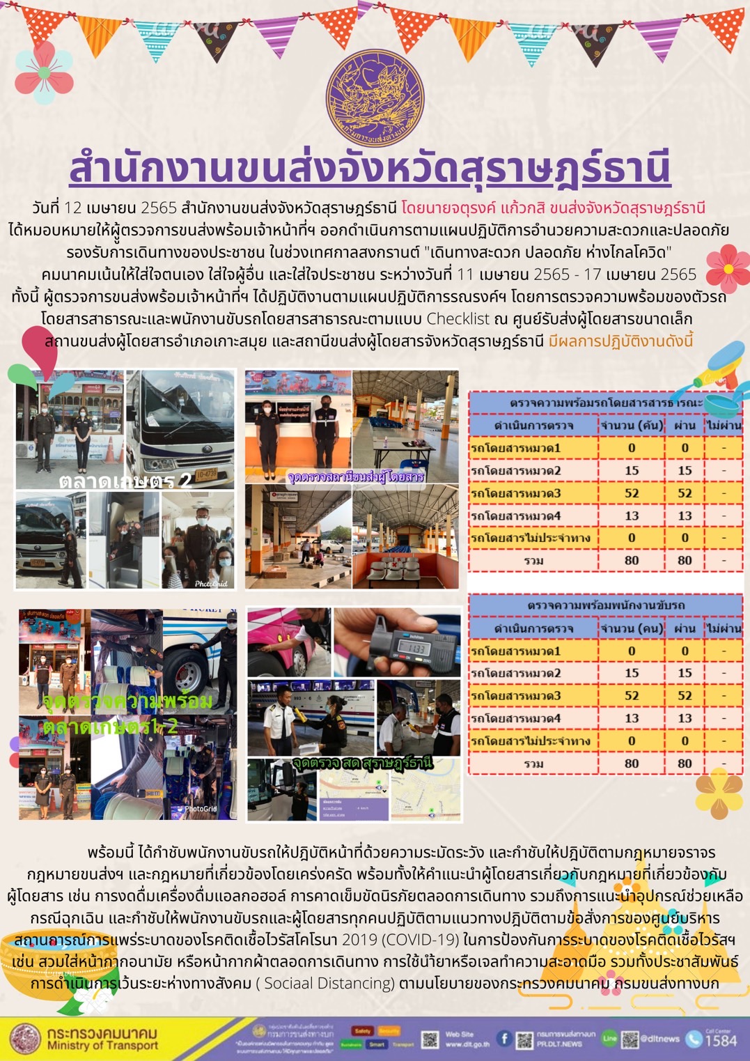 วันที่ 12 เมษายน 2565 นายจตุรงค์ แก้วกสิ มอบหมายให้ผู้ตรวจการขนส่งและเจ้าหน้าที่ ออกดำเนินการตามแผนปฏิบัติการ