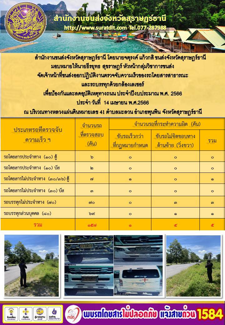 14 เมษายน 2566 ปฏิบัติงานตรวจจับความเร็วของรถโดยสารสาธารณะและรถบรรทุกด้วยกล้องเลเซอร์