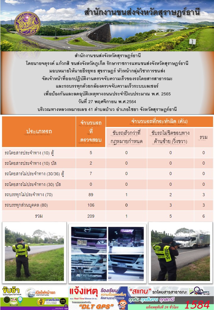 ตรวจจับความเร็วรถโดยสารสาธารณะและรถบรรทุกด้วยกล้องตรวจจับความเร็วระบบเลเซอร์ วันที่ 27  พฤศจิกายน 2564