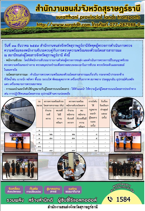 สำนักงานขนส่งจังหวัดสุราษฎร์ธานีจัดชุดผู้ตรวจการดำเนินการตรวจความพร้อมของพนักงานขับรถ