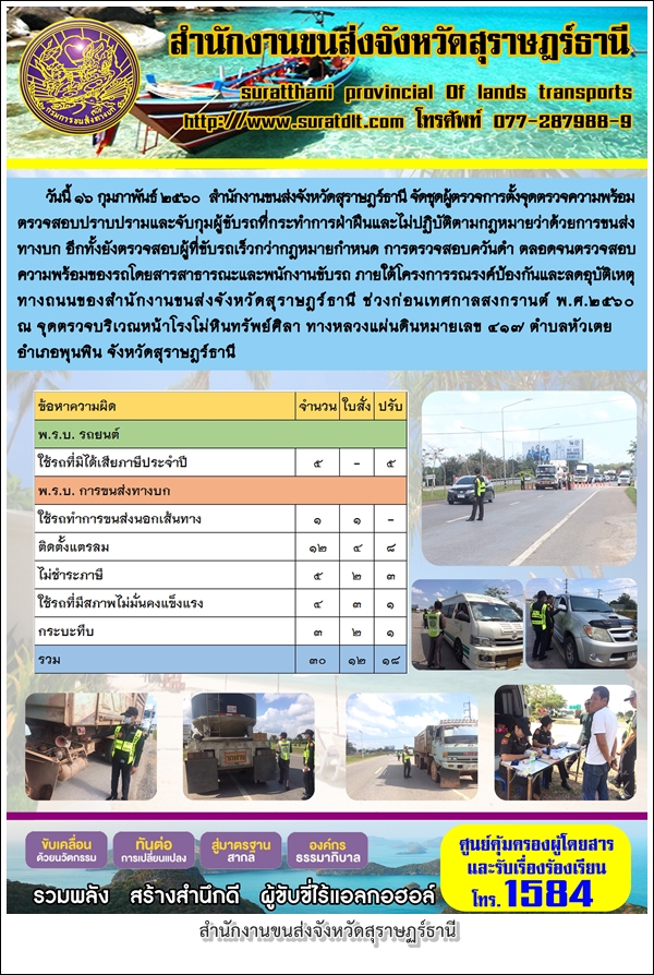 วันที่ 16 กุมภาพันธ์ 2560 สำนักงานขนส่งจังหวัดสุราษฏร์ธานี จัดชุดผู้ตรวจการตั้งจุดตรวจความพร้อม ตรวจสอบปราบปรามและจับกุมผู้ขับรถที่กระทำการฝ่าฝืนและไม่ปฏิบัติตามกฏหมายว่าด้วยการขนส่งทางบก อีกทั้งยังตรวจสอบผู้ที่ขับรถเร็วกว่ากฏหมายกำหนด